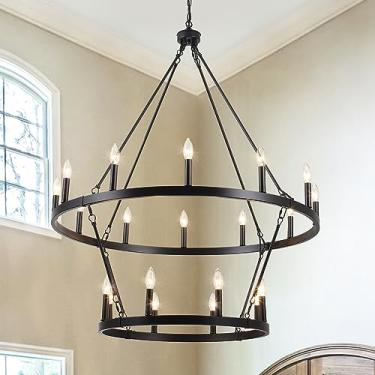 Imagem de KOSTOMO Lustre de roda de vagão preto 2 níveis 20 luzes 40 polegadas luminária extra grande casa de fazenda iluminação rústica lustres redondos para sala de jantar cozinha ilha hall de entrada