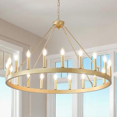 Imagem de VBKK Lustre de roda de vagão dourado 101,6 cm, lustre de roda de vagão de fazenda com 20 luzes para sala de jantar, lustres modernos de vela de ferro redondo para sala de estar, hall de entrada, E12