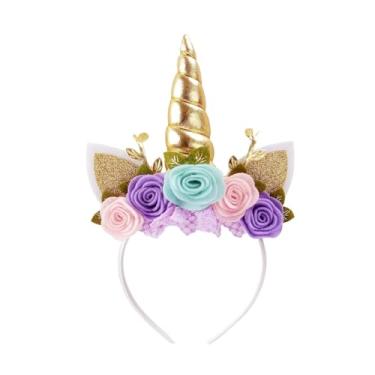 Imagem de Nishine Tiara de unicórnio, flores não tecidas, orelhas de gato, tiara de cabeça de pônei, chifre com glitter para cosplay, suprimentos de festa de unicórnio (dourado, turquesa)