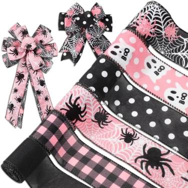 Imagem de Whaline 6 rolos de fita com fio de Halloween Ghost Boo fita de teia de aranha rosa preto fitas de tecido para fazer laços de guirlanda artesanato faça você mesmo, 30 jardas
