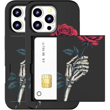 Imagem de MUQR Capa compatível com iPhone 15 Pro Max com porta-cartão fofo - Design Kawaii, proteção contra quedas de nível militar, capa carteira robusta para mulheres (caveira de esqueleto preto rosa)