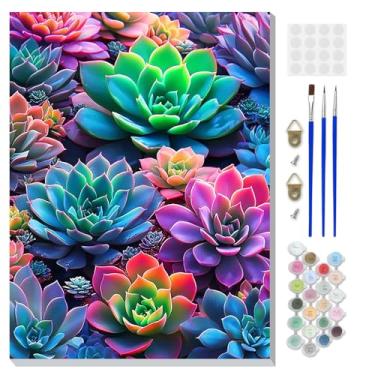 Imagem de DOMROM Kit de pintura emoldurada por números para adultos iniciantes com cavalete de madeira, kit de pintura suculenta DIY por número em tela, kits de pintura a óleo DIY para decoração de parede de