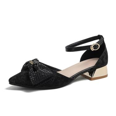 Imagem de Danglianying Sapato feminino bico fino, salto baixo, tira no tornozelo, bico fechado, vestido de festa de casamento, 2 preto, 35