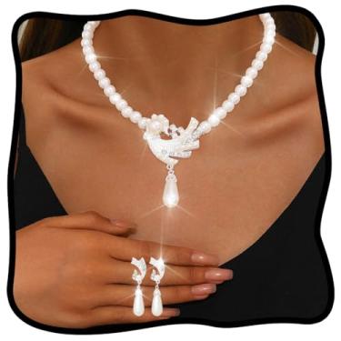 Imagem de Campsis Conjunto de brincos de colar de pérolas, pingente de pássaro de strass de cristal, joias de casamento banhadas a prata para mulheres