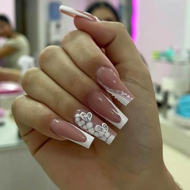 Imagem de RUOKEXIN Unhas postiças longas com ponta francesa, pregos postiços com glitter prateado com desenhos de coração, unhas artificiais brilhantes, cola de caixão longo, 24 peças