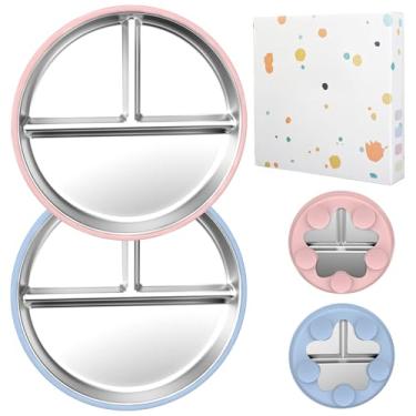 Imagem de Pratos de aço inoxidável para bebês com sucção, pacote com 2 pratos divididos para crianças de 23 cm com sucção de silicone removível, antiderrapante, não tóxico e livre de BPA, pode ser lavado na