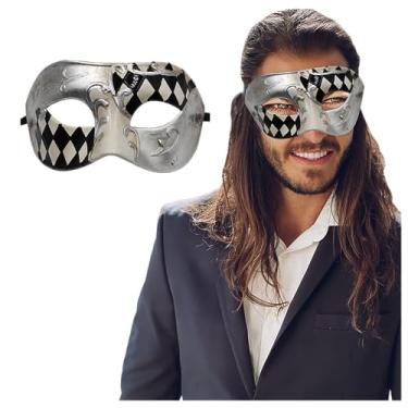 Imagem de Máscara de baile de máscaras masculina – Máscara de visual antigo para Halloween, festa veneziana, baile de máscaras, carnaval e formatura, Preto/Prata Meia Xadrez, tamanho �nico
