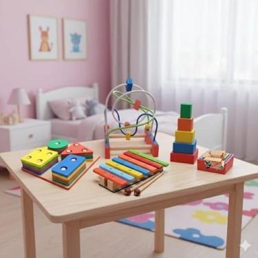 Imagem de Kit Brinquedo Educativo Em Madeira Xilofone + Prancha Seleção + Aramado M + Cubo De Encaixe Primeira Infância