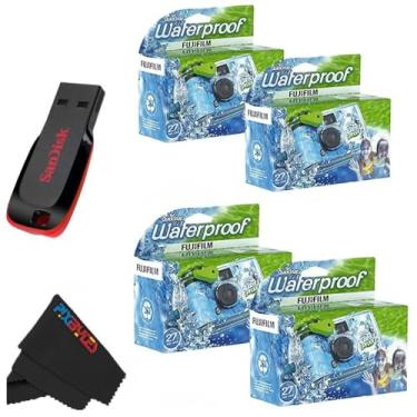 Imagem de Fujifilm Câmera QuickSnap impermeável de 35 mm de uso único com pen drive USB de 32 GB Sandisk e pano de limpeza de microfibra PixiBytes... (4 câmeras + USB)