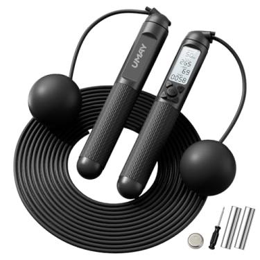 Imagem de UMAY Corda de pular sem fio ponderada, cordas de comprimento ajustável, sem corda com visor LCD para mulheres e crianças, corda de pular inteligente com bola para queimar calorias, exercícios em casa