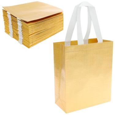 Imagem de XYDHQS Pacote com 32 sacos dourados reutilizáveis, pequenos sacos metálicos brilhantes com alças, tecido não tecido impermeável, kit de bolsa de festa dourada brilhante para presente, versátil