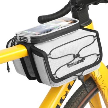 Imagem de Rhinowalk Bolsa tubular para bicicleta com bolsa de telefone para tela sensível ao toque – Bolsa para moldura de bicicleta com suporte de telefone, zíper lateral duplo e fecho magnético (branca)