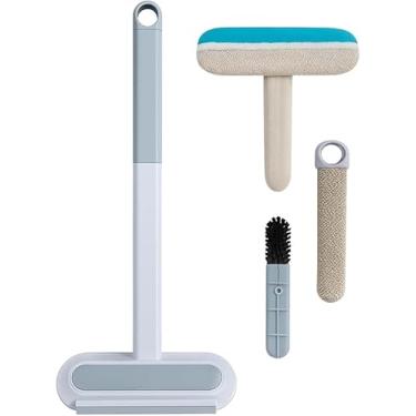 Imagem de Escova Multiuso 4 em 1 Tira Pelos Pets Limpa Vidros Estofados Pisos Removedor De Poeira Rodo de Silicone Cabo Extensor 45cm Limpeza Rápida para Sofás Tapetes Roupas Janelas Box Carro e Casa