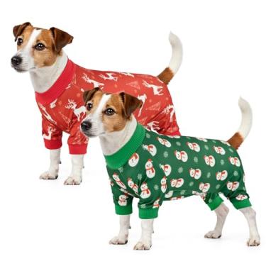 Imagem de Vehomy Pacote com 2 pijamas natalinos para cães com estampa de boneco de neve com estampa de alce de boneco de neve, macacão para cachorro, pijama, roupas elásticas, roupas confortáveis, roupas para