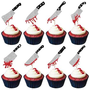 Imagem de Rsstarxi 24 Pack Halloween Cupcake Toppers Glitter Blood Knife Cupcake Picks Horror Killer Birthday Cake Decorations for Scary Horror Crime Scene theme Birthday Halloween Party Supplies