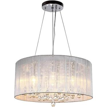 Imagem de Lustre moderno de tambor de 18,5" de meados do século, grande lustre de cristal em forma de gota de chuva, 4 luzes, cromado, sala de jantar, teto, luz pendente com sombra de tecido para quar