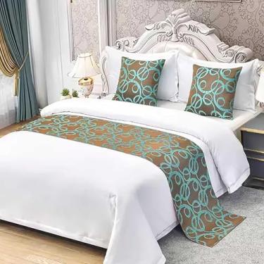 Imagem de Cachecol de cama de hotel luxuoso de algodão colcha decorativa de qualidade macia protetor de cama bonito padrão de folha e círculo cachecol para cama solteiro queen king size azul ||50 x 210 cm para