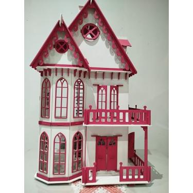 Imagem de Casinha de Boneca castelo estilo Polly, 3 Andares, Rosa e Branco, Estilo Vitoriano grátis 25 unidades de móveis.