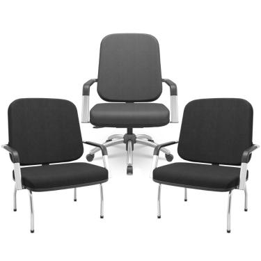 Imagem de Kit Cadeira de Escritório Giratória e 2 Cadeiras Fixas Cromada Magno P03 Crepe Preto - Lyam Decor