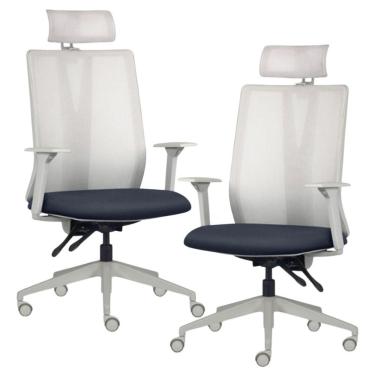 Imagem de Kit 2 Cadeiras Escritório Giratória Presidente Flow F02 Base Cinza Sintético Azul - Lyam Decor