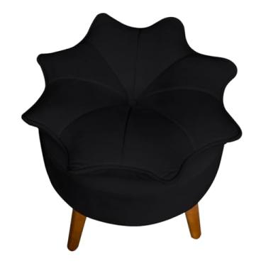 Imagem de Puff Banqueta Decorativa Flor/Pétala Veludo com Pés Palito de Madeira – Estofado Redondo Design Floral (Preto, Flor/Petala)