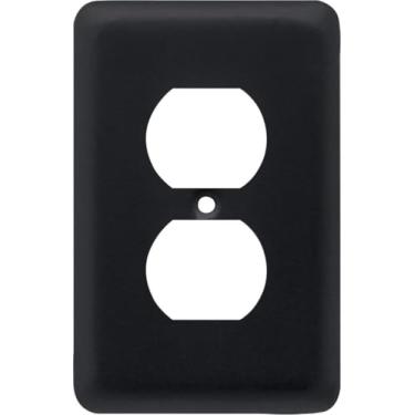 Imagem de Franklin Brass Placa de parede redonda estampada, capa de tomada duplex única preta fosca, pacote com 1, W10249V-FB-C