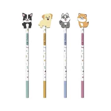 Imagem de Kit com 4 Lápis HB Fantasia com Borracha Pets Escrever Escolar Fofo Conjunto Escolar Aula Grafite