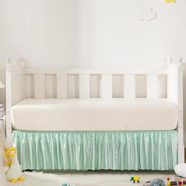 Imagem de Counfeisly Saia para cama de berço de cetim verde menta, 132 x 71 cm com saia de berço macia e sedosa de 35,5 cm para bebês meninas ou meninos, adequada para berço padrão e roupa de cama infantil