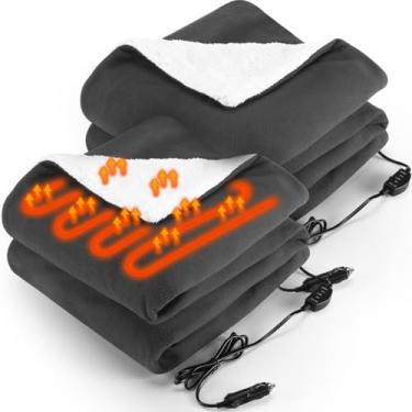Imagem de HunnmingRe Pacote com 2 cobertores aquecidos para carro, 12 volts, 3 níveis de aquecimento, 152 x 109 cm, cobertor elétrico de temperatura ajustável, portátil, para carro, SUV, RV, acampamento