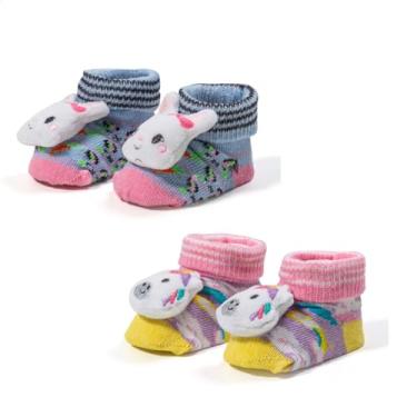 Imagem de Kit 02 Pares Meia Pantufa Bichinho Recém Nascido Maternidade Enxoval Resistente Dallf (Amarelo)