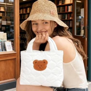 Imagem de Bolsa feminina 2025 elegante bolsa de compras bolsa de viagem design de urso fofo para uso diário, branca