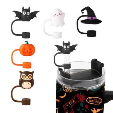Imagem de 5 peças de tampa de palha de Halloween para copo Stanley 10 g, tampa assustadora de palha de silicone para morcegos com ponta de abóbora para acessórios de copo de 10 mm, presentes de Halloween