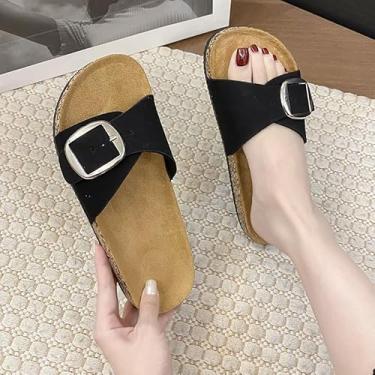 Imagem de Sandálias femininas planas com suporte de arco, confortável, com pé de cortiça, fivela ajustável e espuma viscoelástica para férias de verão na praia, Preto, 35