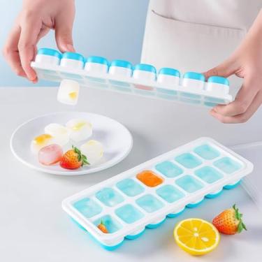 Imagem de 2 bandejas de gelo de 14 cubos para freezer, silicone fácil de liberar com tampas resistentes a derramamentos, molde de gelo reutilizável para coquetéis ou café gelado, amarelo