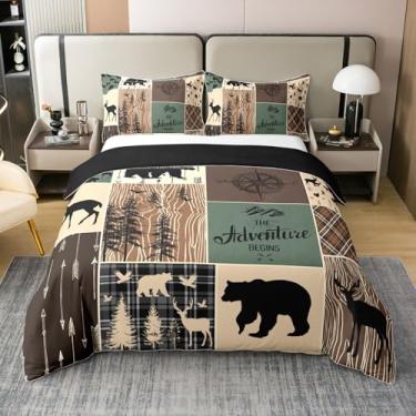 Imagem de Erosebridal Capa de edredom rústica 100% algodão tamanho solteiro caça urso veado jogo de cama para meninos adolescentes adultos quarto vintage fazenda capa de edredom xadrez decoração chalé roupa de