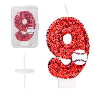 Imagem de Vela com número de beisebol, aniversário, 7,5 cm, enfeite de bolo com lantejoulas vermelhas, tema esportivo, decorações de bolo de beisebol, para comemorações de aniversário, artigos de festa (9)
