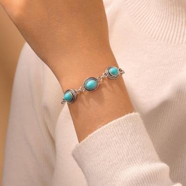 Imagem de Pulseiras de tênis prateadas para mulheres, vintage, boêmio, oval, turquesa, berloque, pulseira deslizante de pedra natural, não mancha, hipoalergênica, joias de verão, presentes para ela, One Size