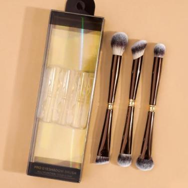 Imagem de 3 pincéis profissionais de sombra e maquiagem para olhos com pontas duplas – Pincel de mistura, ocultação, sobrancelha e delineador com cerdas de fibras macias com caixa de plástico, café