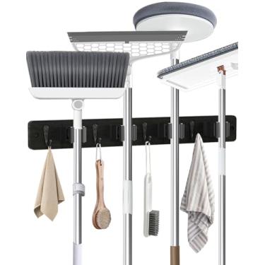 Imagem de AceMining Suporte de vassoura montado na parede, preto, 4 suportes e 4 ganchos, suporte de esfregão e vassoura de madeira com borracha antiderrapante, suporte de escova de madeira de pinho natural