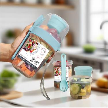 Imagem de Copos de iogurte de cereais On The Go com tampas e colher pote de plástico reutilizável tigela de preparação de café da manhã para levar consigo (azul)