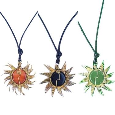 Imagem de Colar Mandala Catavento, Pedra Natural, Latão, Artesanal, Feito à mão (Agatha de Fogo (Laranjada))