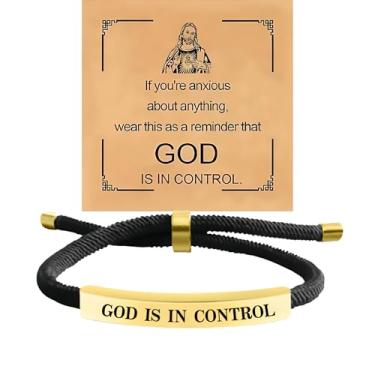 Imagem de BlingNook Pulseira feminina God Is In Control, corda grossa, ouro, prata, tubo, inspirar fé cristã, letra feita à mão, bíblia, trançada, ajustável, de aço inoxidável, joia de presente, One Size, Aço