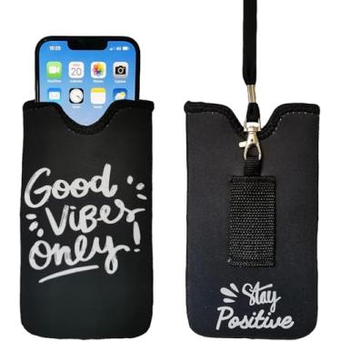 Imagem de Tainada Bolsa masculina feminina de neoprene à prova de choque com cordão de pescoço, coldre para cinto para iPhone 11/12, 11/12 Pro Max, XR, Samsung S20, S21, A51 (Good Vibes Only Black)