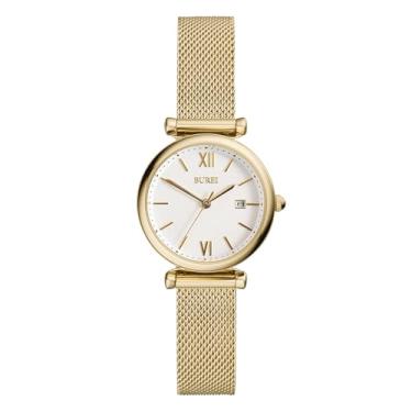 Imagem de BUREI Relógio feminino dourado simples, moderno, pulseira de malha de aço inoxidável, relógio de quartzo analógico com três ponteiros