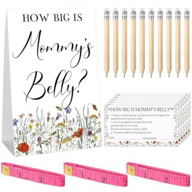 Imagem de Sabary 64 peças de jogos de chá de bebê incluem o tamanho do sinal de barriga da mamãe, 50 cartas, 10 lápis, 3 fitas métricas para chá de bebê, material de festa revelador de gênero (flores silvestres