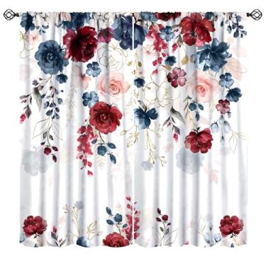 Imagem de Mchenxin Cortinas florais azuis vermelhas, retrô, aquarela, flores silvestres, florescendo, rosa, peônia, rústica, primavera, romântico, folhas botânicas, impressão, cortinas de janela para cozinha
