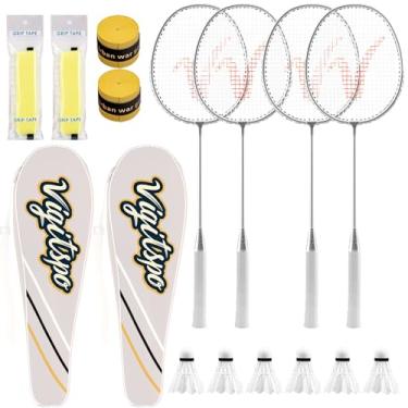 Imagem de Conjunto de raquete com petecas, cola de mão e bolsa de transporte | Conjunto de raquete de badminton de nível profissional | Design leve e aderência antiderrapante (branco-branco, 10 cm)