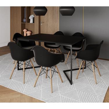 Imagem de Mesa Jantar Industrial Preta Retangular 137X90Cm Base V Ferro Preto Com 6 Poltronas Pre Marrom