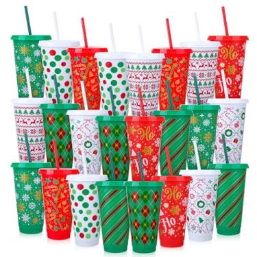Imagem de Ovveroche 24 peças de copos de plástico de Natal com tampas e canudos, copos reutilizáveis de 680 g para festa de Natal, presente de aniversário, suco, café, bebidas frias