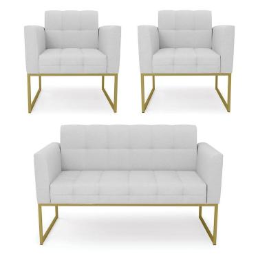 Imagem de Kit 1 Sofá Namoradeira E 2 Poltronas Elisa Linho Cinza A05 Base Metálica Industrial Dourada D'rossi